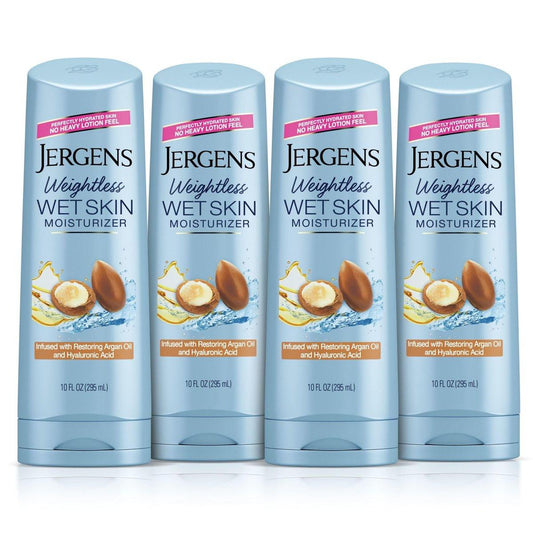 Jergens Feuchtigkeitsspender für nasse Haut mit Restoring Arganöl – 4x gesünder aussehende Haut, schnell einziehend, nicht fettend, dermatologisch getestet, 10 oz, 4er-Pack