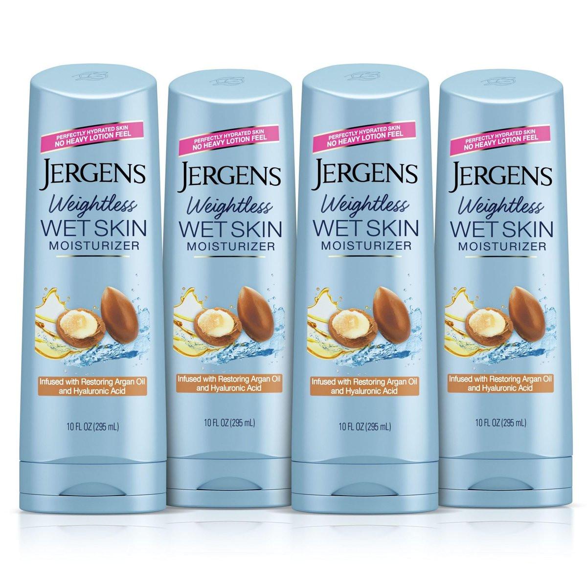 Jergens Feuchtigkeitsspender für nasse Haut mit Restoring Arganöl – 4x gesünder aussehende Haut, schnell einziehend, nicht fettend, dermatologisch getestet, 10 oz, 4er-Pack