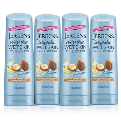 Jergens Feuchtigkeitsspender für nasse Haut mit Restoring Arganöl – 4x gesünder aussehende Haut, schnell einziehend, nicht fettend, dermatologisch getestet, 10 oz, 4er-Pack