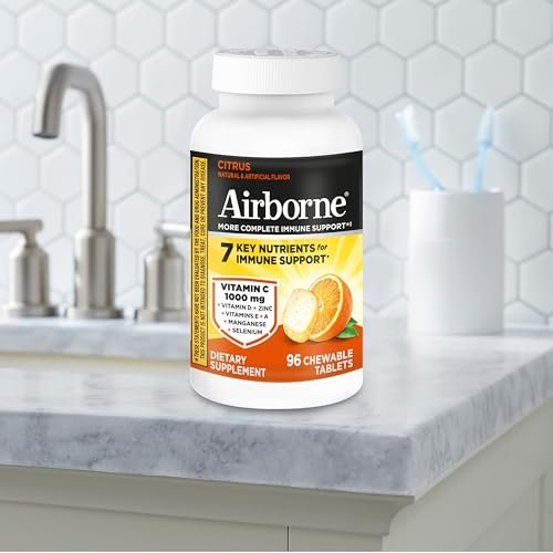 Airborne Vitamin C 1000mg pro Portion – Zitrus-Kautabletten (96 Stück) – Verpackung kann variieren