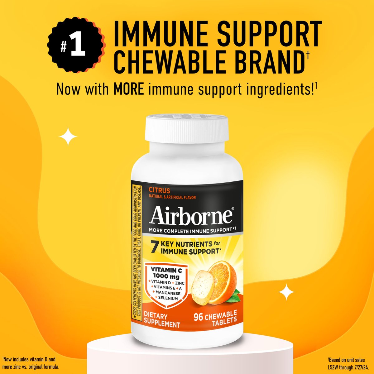 Airborne Vitamin C 1000mg pro Portion – Zitrus-Kautabletten (96 Stück) – Verpackung kann variieren