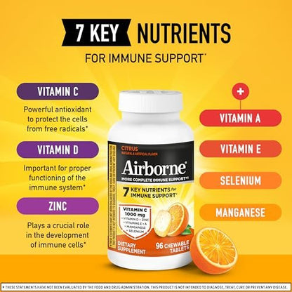 Airborne Vitamin C 1000mg pro Portion – Zitrus-Kautabletten (96 Stück) – Verpackung kann variieren