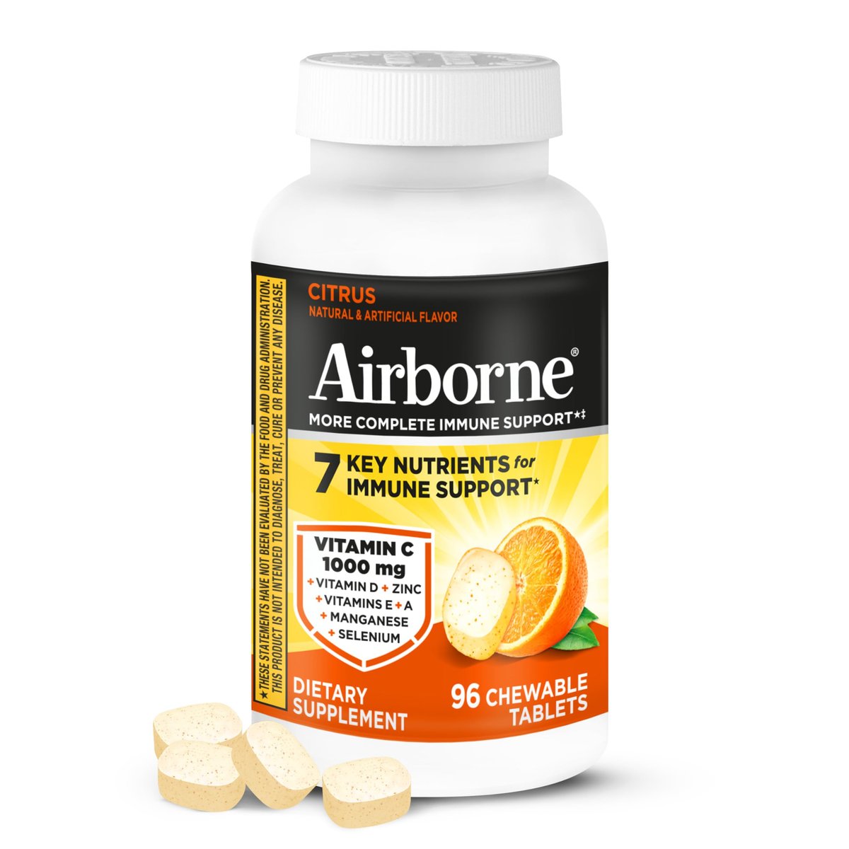 Airborne Vitamin C 1000mg pro Portion – Zitrus-Kautabletten (96 Stück) – Verpackung kann variieren
