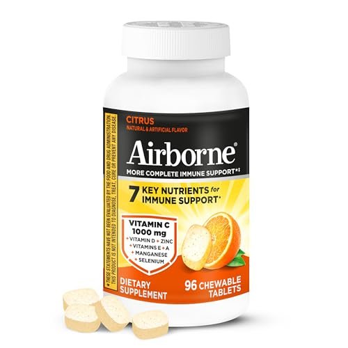 Airborne Vitamin C 1000mg pro Portion – Zitrus-Kautabletten (96 Stück) – Verpackung kann variieren
