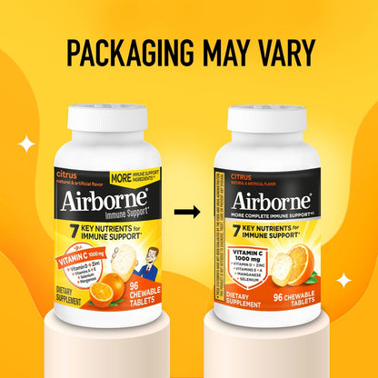 Airborne Vitamin C 1000mg pro Portion – Zitrus-Kautabletten (96 Stück) – Verpackung kann variieren