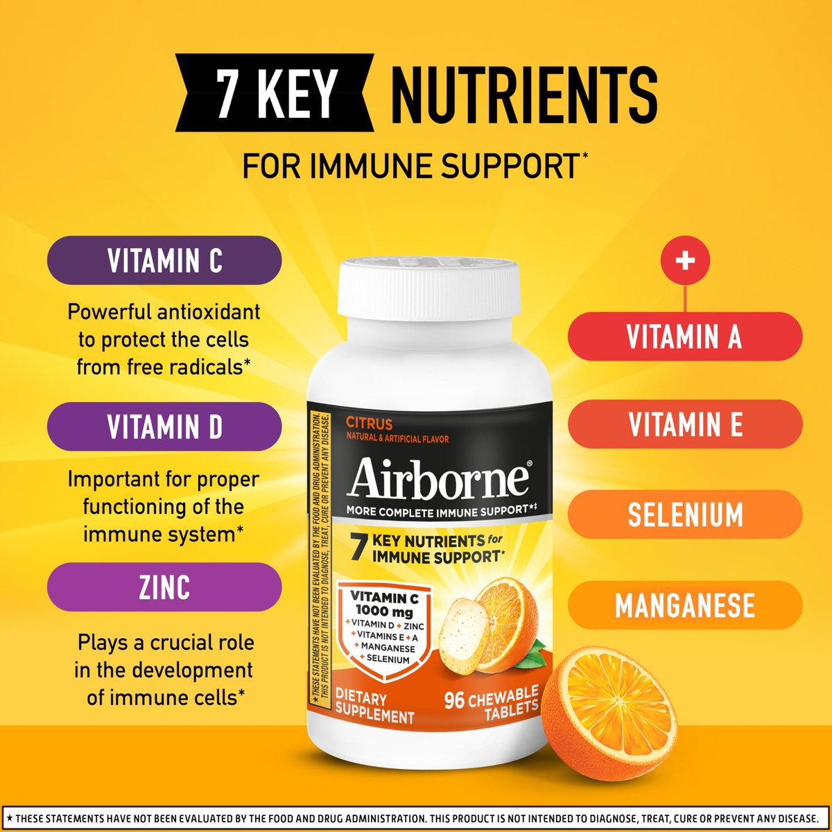 Airborne Vitamin C 1000mg pro Portion – Zitrus-Kautabletten (96 Stück) – Verpackung kann variieren