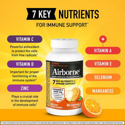 Airborne Vitamin C 1000mg pro Portion – Zitrus-Kautabletten (96 Stück) – Verpackung kann variieren