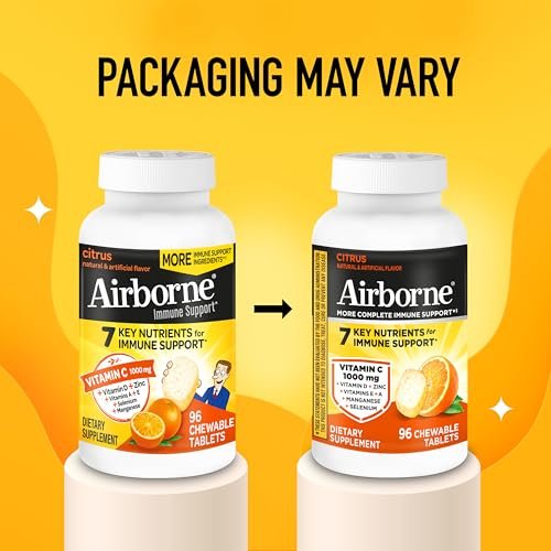 Airborne Vitamin C 1000mg pro Portion – Zitrus-Kautabletten (96 Stück) – Verpackung kann variieren