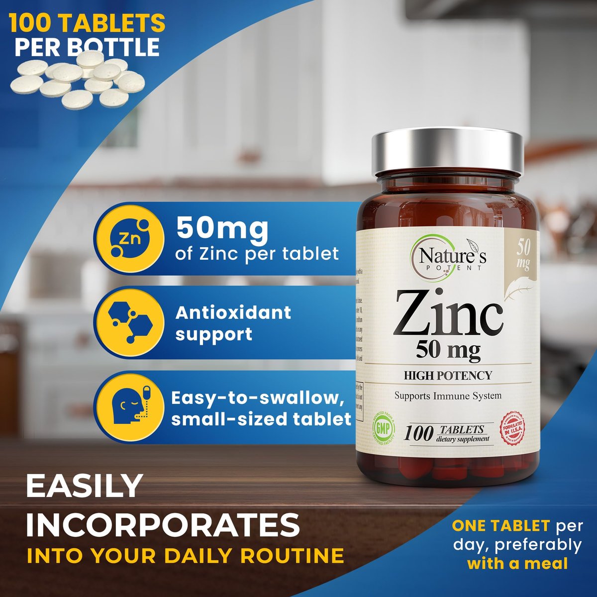 Zink 50mg [Hochdosiert] Nahrungsergänzungsmittel - Immunsystem Unterstützung mit natürlichem Zink (Oxid/Citrat) 100 Tabletten, hergestellt von Nature's Potent