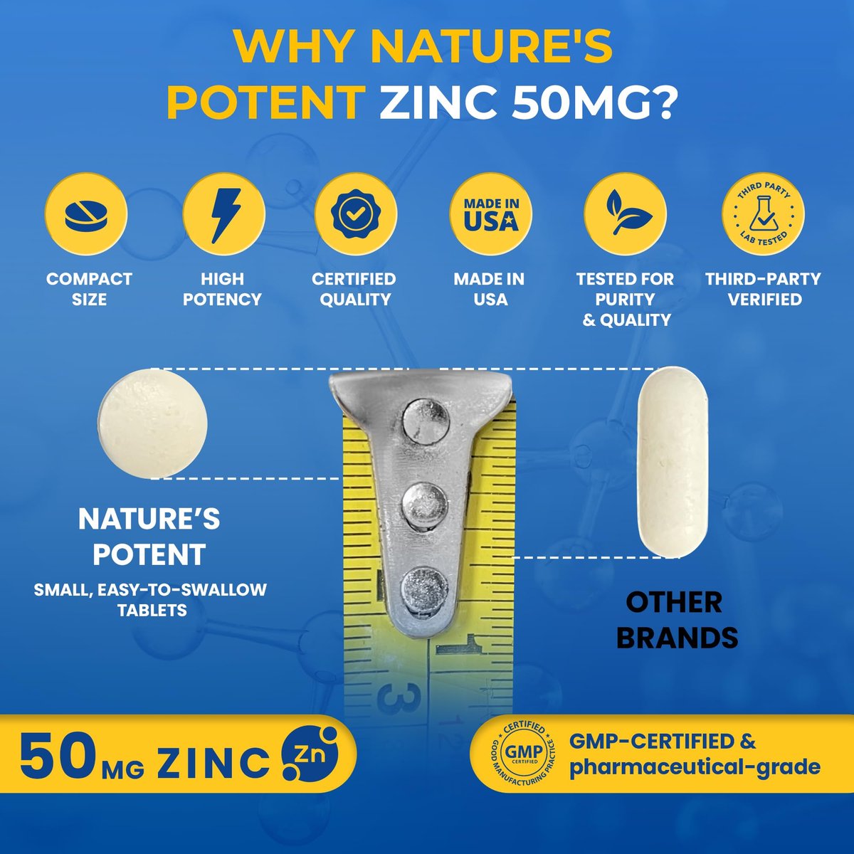 Zink 50mg [Hochdosiert] Nahrungsergänzungsmittel - Immunsystem Unterstützung mit natürlichem Zink (Oxid/Citrat) 100 Tabletten, hergestellt von Nature's Potent
