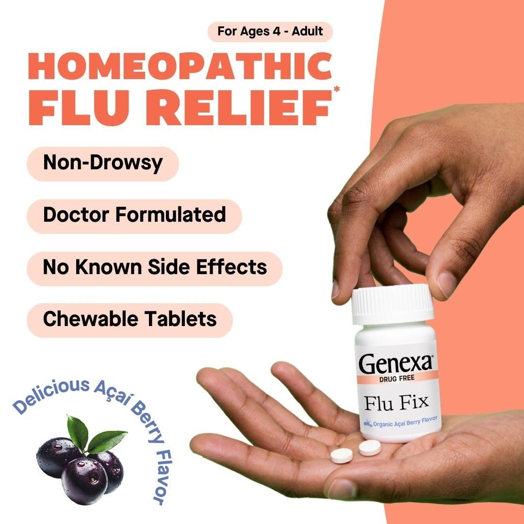 Genexa Flu Fix – Multisymptom Grippemittel für Kinder & Erwachsene | Lindert Gliederschmerzen, Fieber, Verstopfung | Acai-Beere-Geschmack | Bio & Ohne Gentechnik | Homöopathisches Reinigungsmittel | 60 Kautabletten, ab 4 Jahren