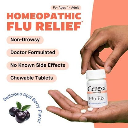 Genexa Flu Fix – Multisymptom Grippemittel für Kinder & Erwachsene | Lindert Gliederschmerzen, Fieber, Verstopfung | Acai-Beere-Geschmack | Bio & Ohne Gentechnik | Homöopathisches Reinigungsmittel | 60 Kautabletten, ab 4 Jahren