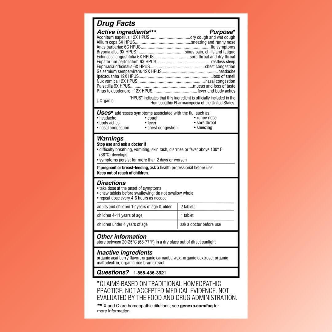 Genexa Flu Fix – Multisymptom Grippemittel für Kinder & Erwachsene | Lindert Gliederschmerzen, Fieber, Verstopfung | Acai-Beere-Geschmack | Bio & Ohne Gentechnik | Homöopathisches Reinigungsmittel | 60 Kautabletten, ab 4 Jahren