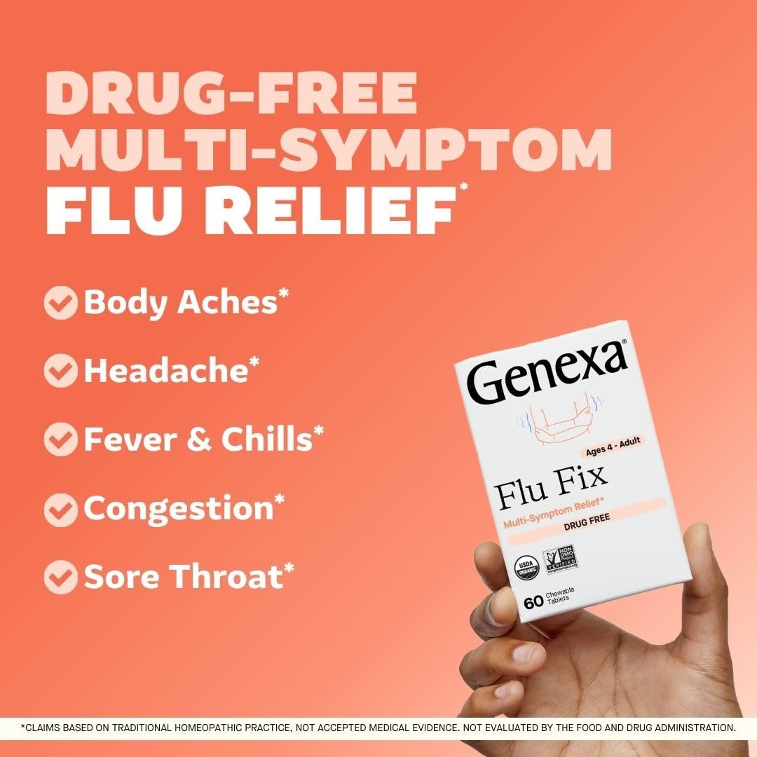 Genexa Flu Fix – Multisymptom Grippemittel für Kinder & Erwachsene | Lindert Gliederschmerzen, Fieber, Verstopfung | Acai-Beere-Geschmack | Bio & Ohne Gentechnik | Homöopathisches Reinigungsmittel | 60 Kautabletten, ab 4 Jahren