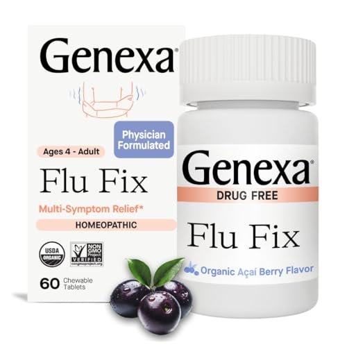 Genexa Flu Fix – Multisymptom Grippemittel für Kinder & Erwachsene | Lindert Gliederschmerzen, Fieber, Verstopfung | Acai-Beere-Geschmack | Bio & Ohne Gentechnik | Homöopathisches Reinigungsmittel | 60 Kautabletten, ab 4 Jahren
