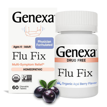 Genexa Flu Fix – Multisymptom Grippemittel für Kinder & Erwachsene | Lindert Gliederschmerzen, Fieber, Verstopfung | Acai-Beere-Geschmack | Bio & Ohne Gentechnik | Homöopathisches Reinigungsmittel | 60 Kautabletten, ab 4 Jahren