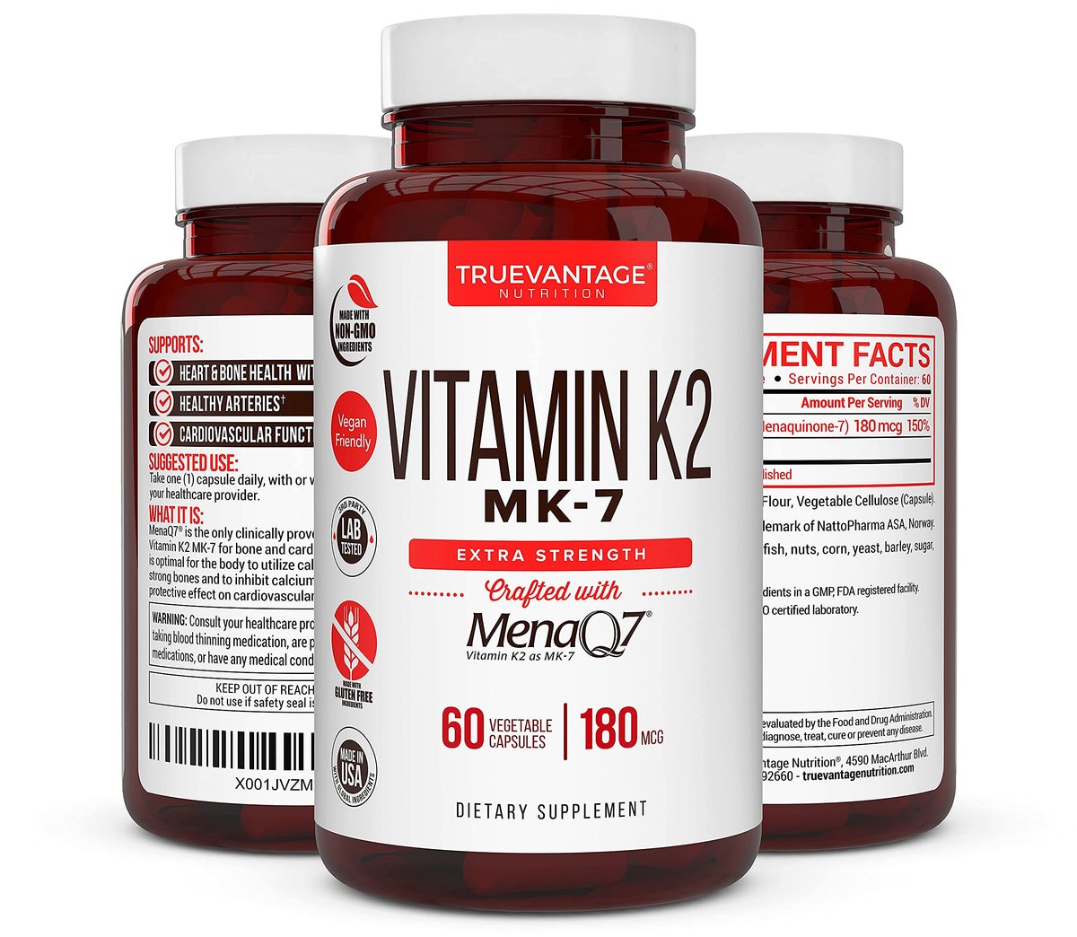 Vitamin K2 MK-7 Supplement 180 µg – MenaQ7 K2 MK7 für Knochen- und Herzgesundheit, 60 vegane Kapseln