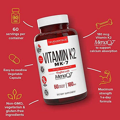 Vitamin K2 MK-7 Supplement 180 µg – MenaQ7 K2 MK7 für Knochen- und Herzgesundheit, 60 vegane Kapseln
