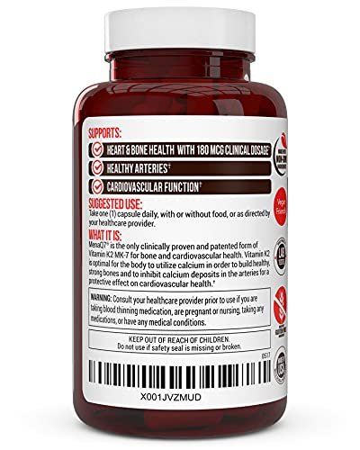Vitamin K2 MK-7 Supplement 180 µg – MenaQ7 K2 MK7 für Knochen- und Herzgesundheit, 60 vegane Kapseln