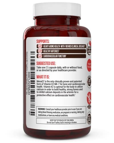 Vitamin K2 MK-7 Supplement 180 µg – MenaQ7 K2 MK7 für Knochen- und Herzgesundheit, 60 vegane Kapseln