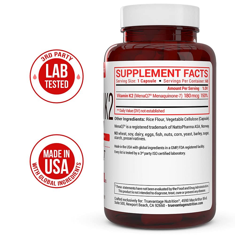 Vitamin K2 MK-7 Supplement 180 µg – MenaQ7 K2 MK7 für Knochen- und Herzgesundheit, 60 vegane Kapseln