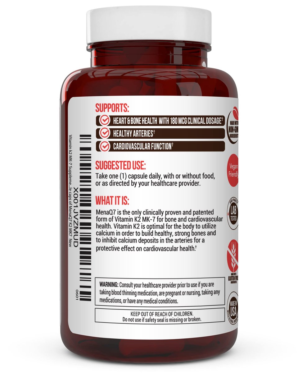 Vitamin K2 MK-7 Supplement 180 µg – MenaQ7 K2 MK7 für Knochen- und Herzgesundheit, 60 vegane Kapseln