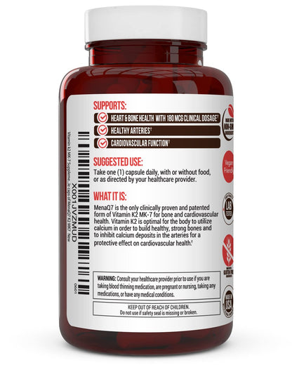 Vitamin K2 MK-7 Supplement 180 µg – MenaQ7 K2 MK7 für Knochen- und Herzgesundheit, 60 vegane Kapseln