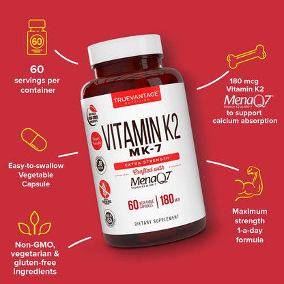 Vitamin K2 MK-7 Supplement 180 µg – MenaQ7 K2 MK7 für Knochen- und Herzgesundheit, 60 vegane Kapseln