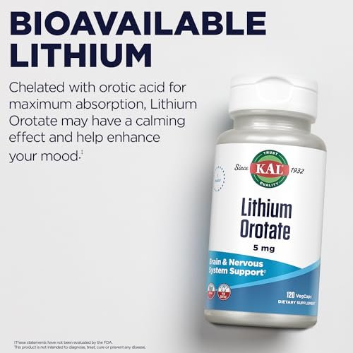 KAL Lithium Orotat 5 mg | Niedrig dosiertes, cheliertes Lithiumorotat für Bioverfügbarkeit und Stimmungsunterstützung | Mit Bio-Reiskleieextrakt | 120 vegane Kapseln