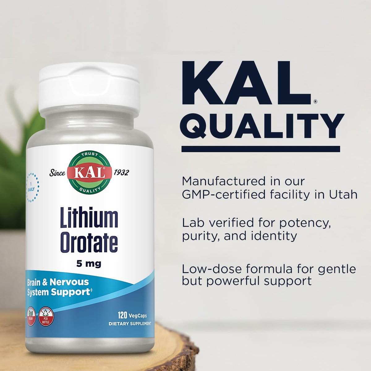 KAL Lithium Orotat 5 mg | Niedrig dosiertes, cheliertes Lithiumorotat für Bioverfügbarkeit und Stimmungsunterstützung | Mit Bio-Reiskleieextrakt | 120 vegane Kapseln