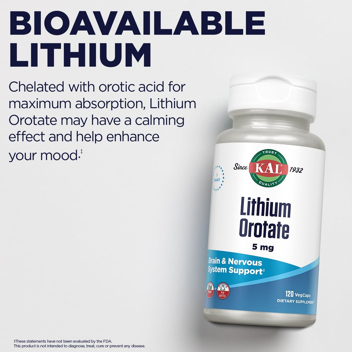 KAL Lithium Orotat 5 mg | Niedrig dosiertes, cheliertes Lithiumorotat für Bioverfügbarkeit und Stimmungsunterstützung | Mit Bio-Reiskleieextrakt | 120 vegane Kapseln