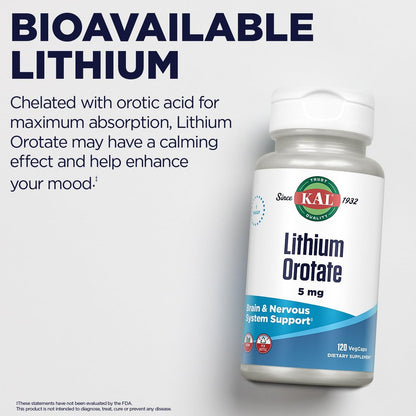 KAL Lithium Orotat 5 mg | Niedrig dosiertes, cheliertes Lithiumorotat für Bioverfügbarkeit und Stimmungsunterstützung | Mit Bio-Reiskleieextrakt | 120 vegane Kapseln