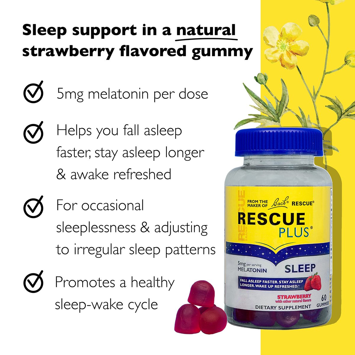 Bach RESCUE PLUS Melatonin Einschlaf-Gummis mit Erdbeergeschmack – 60 Stück