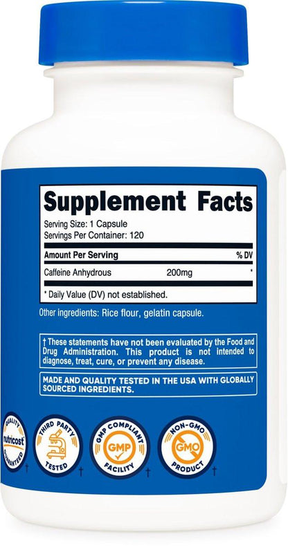 Nutricost Koffeinkapseln 200mg, 120 Kapseln – Glutenfrei, Nicht-GMO