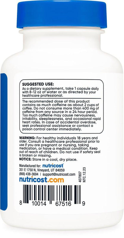 Nutricost Koffeinkapseln 200mg, 120 Kapseln – Glutenfrei, Nicht-GMO