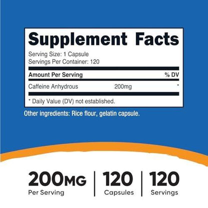 Nutricost Koffeinkapseln 200mg, 120 Kapseln – Glutenfrei, Nicht-GMO