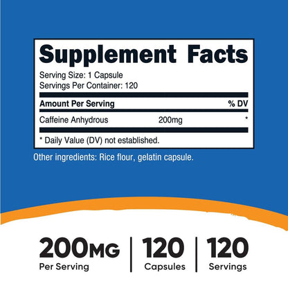 Nutricost Koffeinkapseln 200mg, 120 Kapseln – Glutenfrei, Nicht-GMO