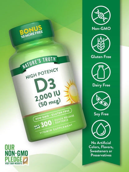 Nature's Truth Vitamin D3 2000 IE | 300 Softgels | Hochdosiert | Non-GMO & Glutenfrei