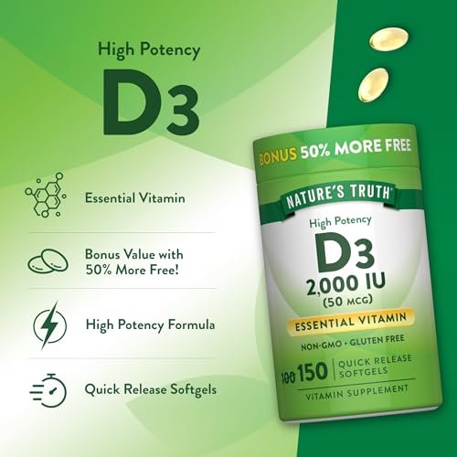 Nature's Truth Vitamin D3 2000 IE Weichkapseln für Erwachsene | 150 Stück | Hochdosiert | Nicht-GVO und Glutenfrei