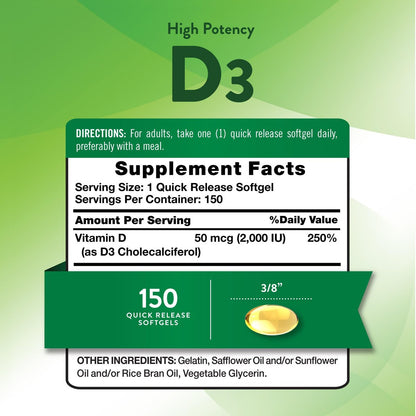 Nature's Truth Vitamin D3 2000 IE Weichkapseln für Erwachsene | 150 Stück | Hochdosiert | Nicht-GVO und Glutenfrei