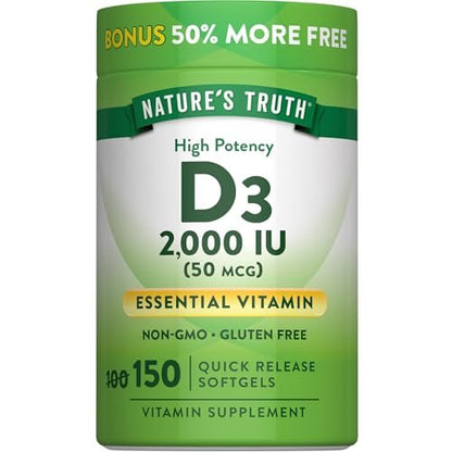 Nature's Truth Vitamin D3 2000 IE Weichkapseln für Erwachsene | 150 Stück | Hochdosiert | Nicht-GVO und Glutenfrei