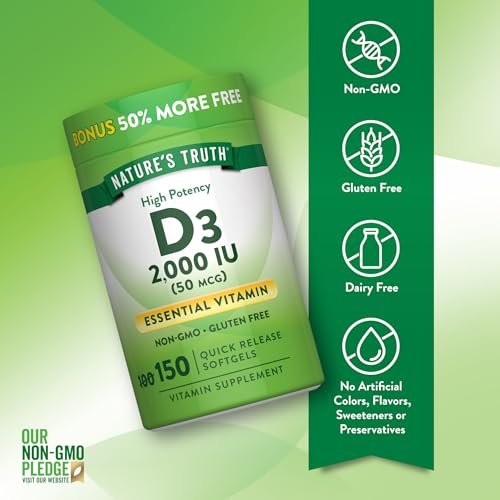 Nature's Truth Vitamin D3 2000 IE Weichkapseln für Erwachsene | 150 Stück | Hochdosiert | Nicht-GVO und Glutenfrei
