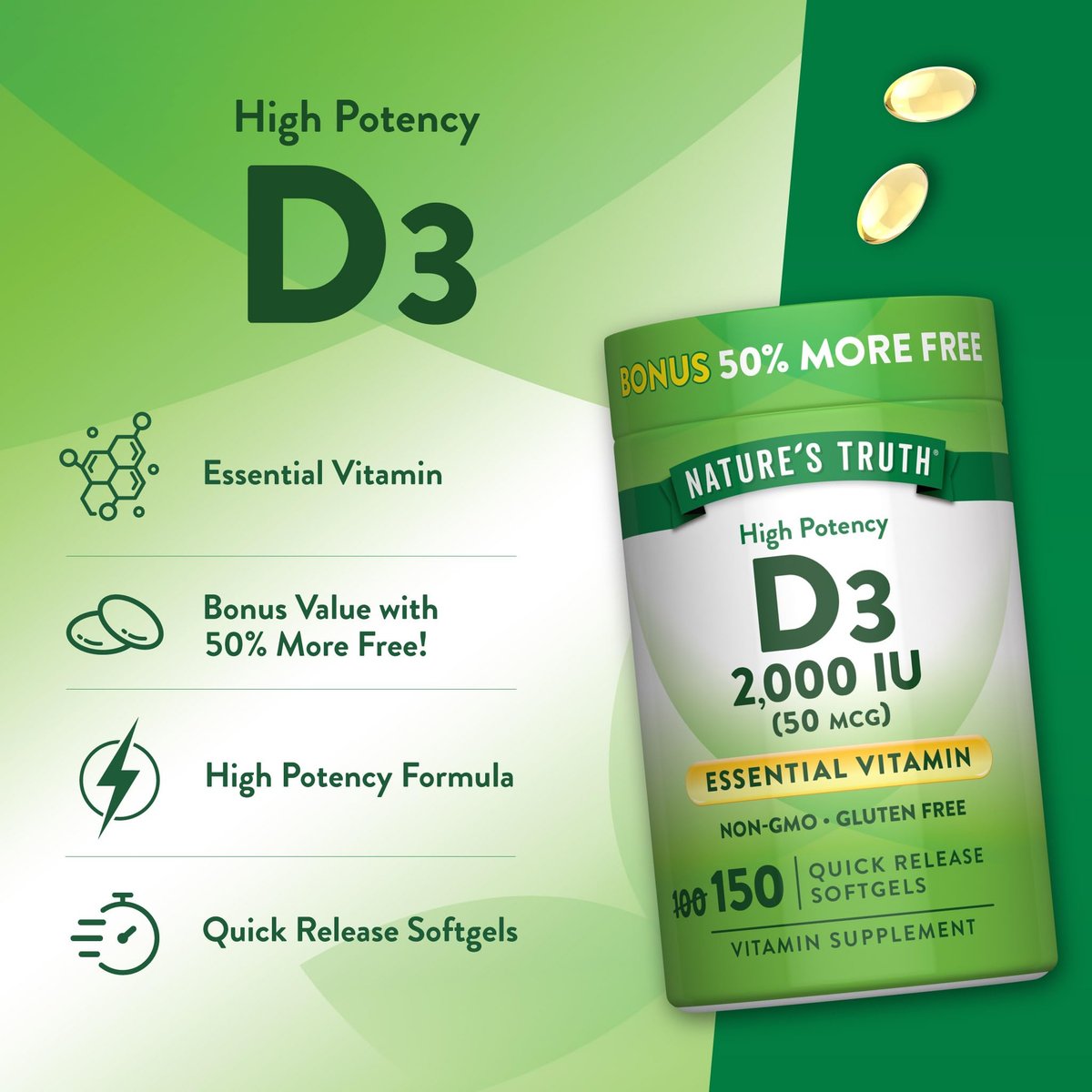 Nature's Truth Vitamin D3 2000 IE Weichkapseln für Erwachsene | 150 Stück | Hochdosiert | Nicht-GVO und Glutenfrei