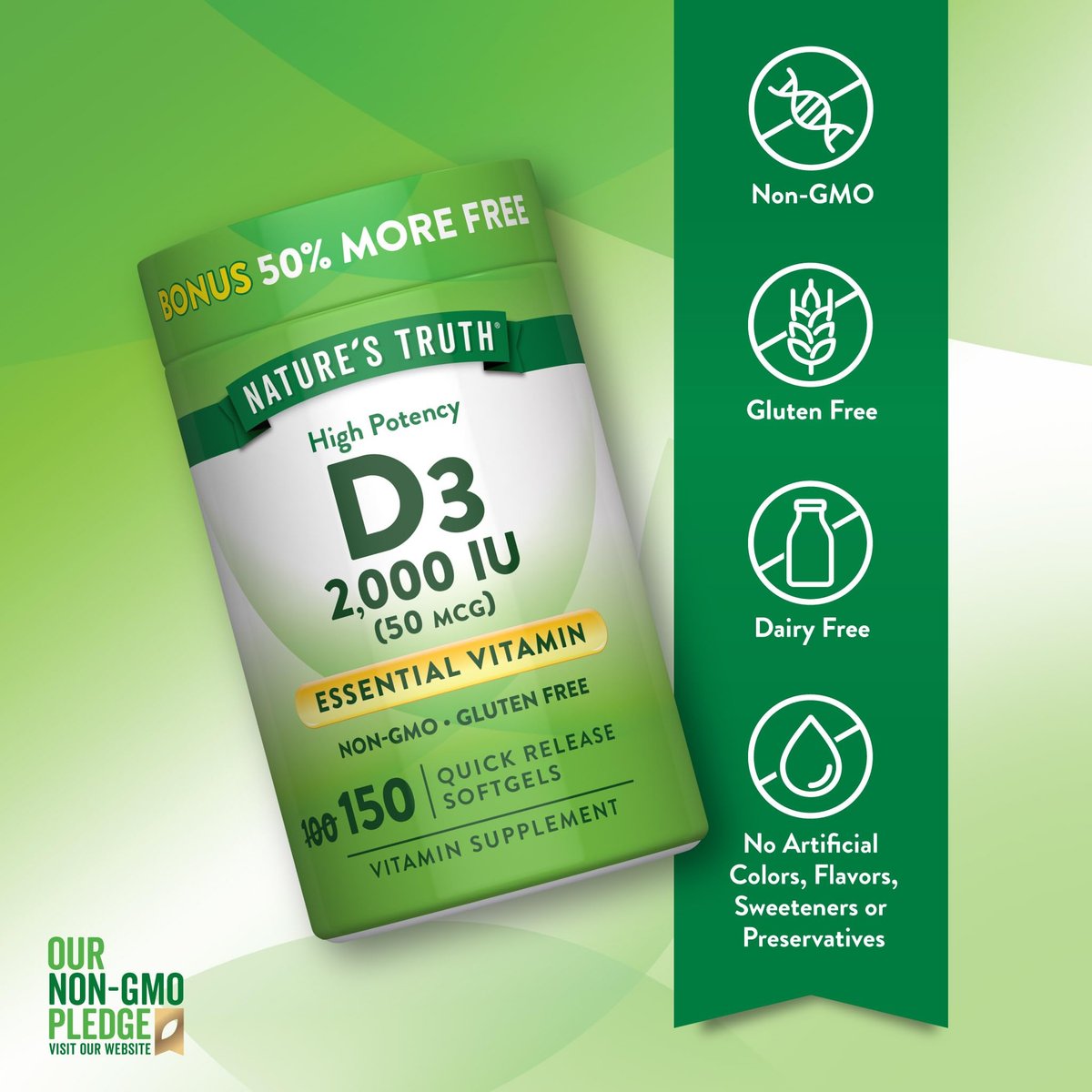 Nature's Truth Vitamin D3 2000 IE Weichkapseln für Erwachsene | 150 Stück | Hochdosiert | Nicht-GVO und Glutenfrei