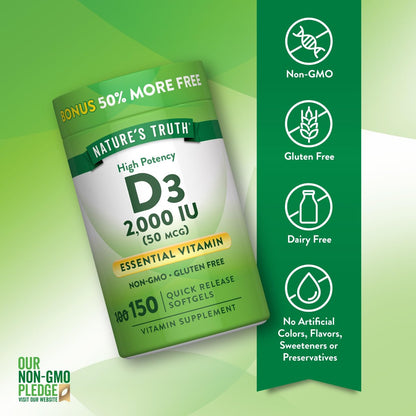 Nature's Truth Vitamin D3 2000 IE Weichkapseln für Erwachsene | 150 Stück | Hochdosiert | Nicht-GVO und Glutenfrei