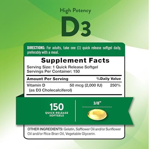 Nature's Truth Vitamin D3 2000 IE Weichkapseln für Erwachsene | 150 Stück | Hochdosiert | Nicht-GVO und Glutenfrei