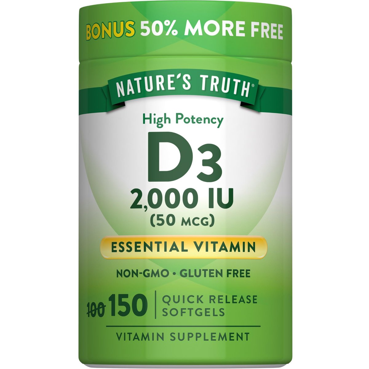 Nature's Truth Vitamin D3 2000 IE Weichkapseln für Erwachsene | 150 Stück | Hochdosiert | Nicht-GVO und Glutenfrei