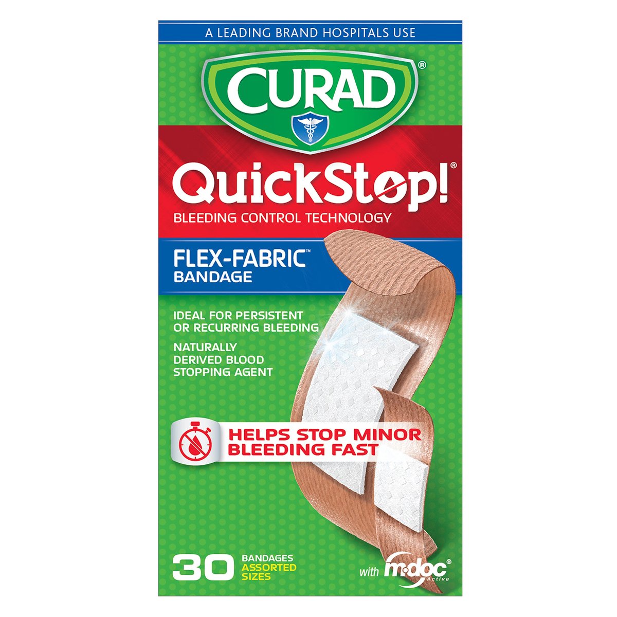 CURAD QuickStop Blutstillende flexible Stoffpflaster, gemischte Größen, 30 Stück