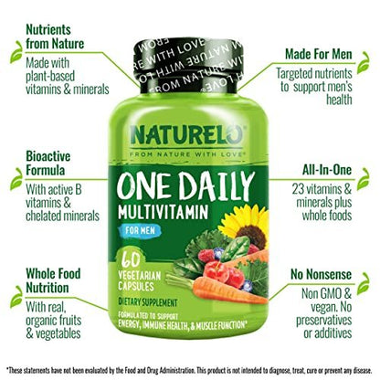 NATURELO Männer Multivitamin – Tägliches Multivitamin für Männer mit Vitaminen, Mineralien & Bio-Vollwertkost, steigert Energie & Gesundheit, Non-GMO, 60 vegane Kapseln
