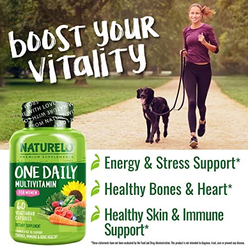 NATURELO One Daily Multivitamin für Frauen mit Vitamin B12, 60 Kapseln, Energieunterstützung, ganzheitliches Nahrungsergänzungsmittel für Haare/Haut/Nägel, Non-GMO, Sojafrei, Glutenfrei, 2-Monats-Vorrat